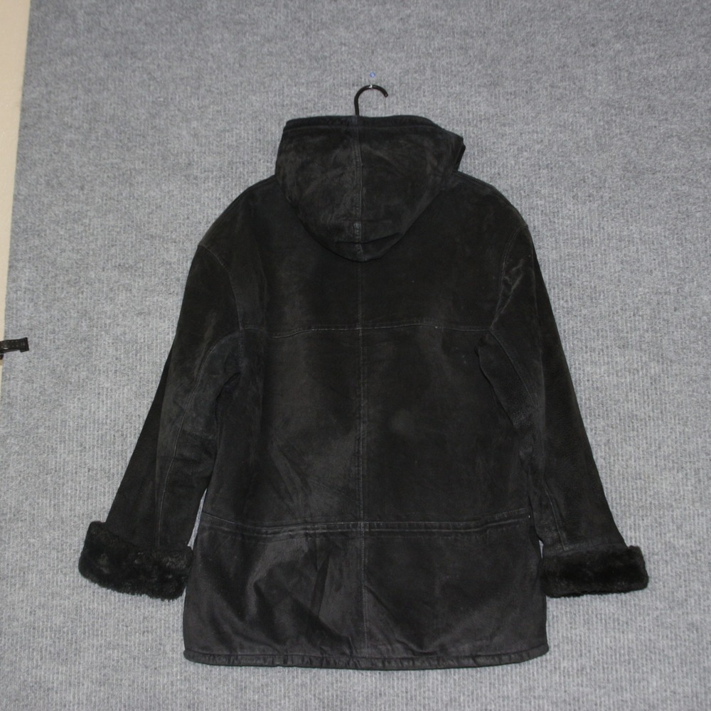 VTG St Johns Bay Black Leather Duffle Coat Hooded Faux Fur Trim Lined Womens L - Picture 6 of 8